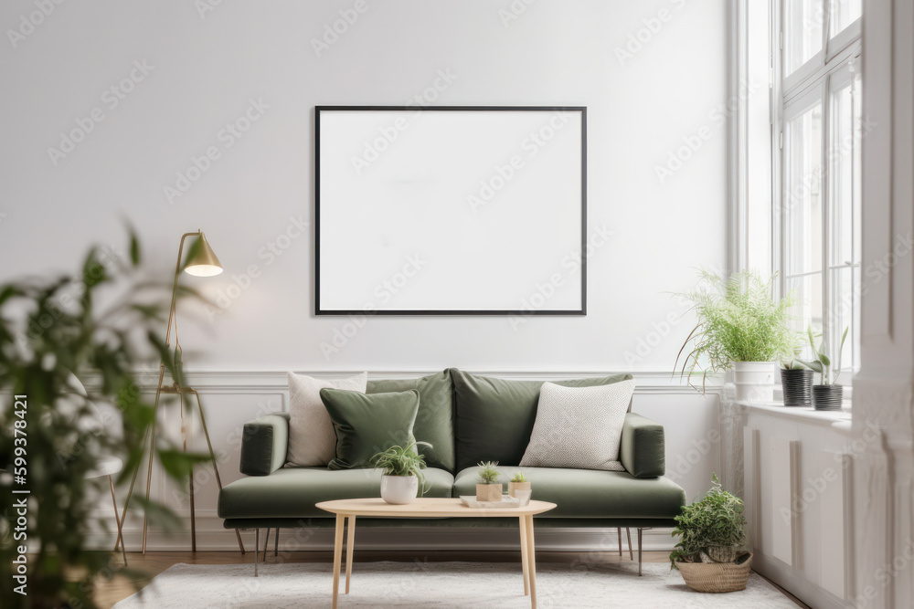Contemporary Living Room with Blank Horizontal Poster Frame and Natural Light Contemporary Living Room with Blank Horizontal Poster Frame and Natural Light