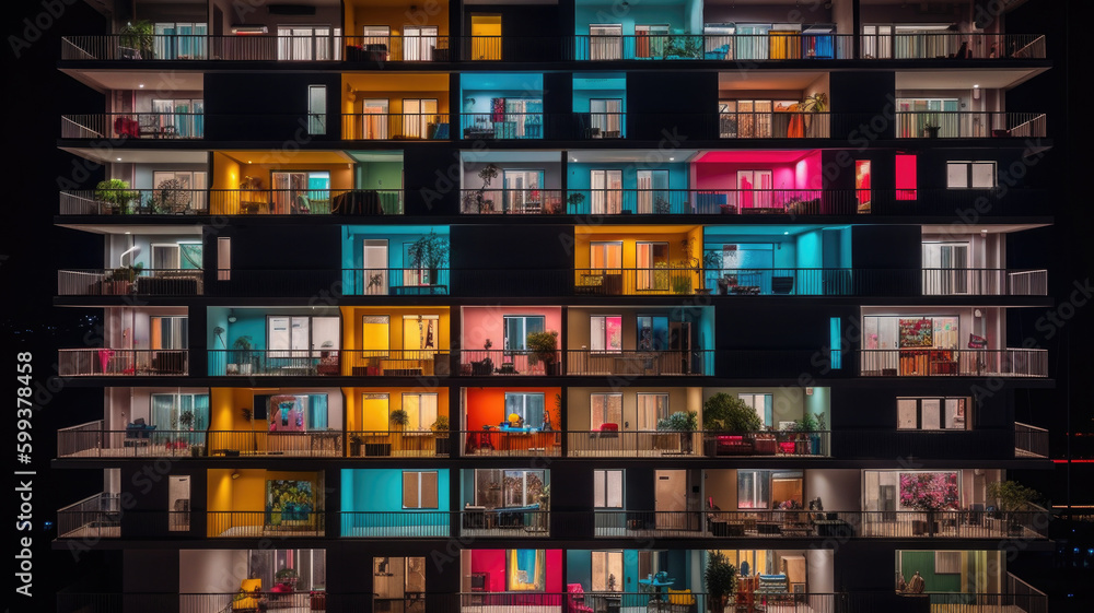 Bright colorful windows pattern at night. Front view facade of residential building with glowing lights in windows and balcony in the dark. Created with Generative AI Bright colorful windows pattern at night. Front view facade of residential building with glowing lights in windows and balcony in the dark. Created with Generative AI