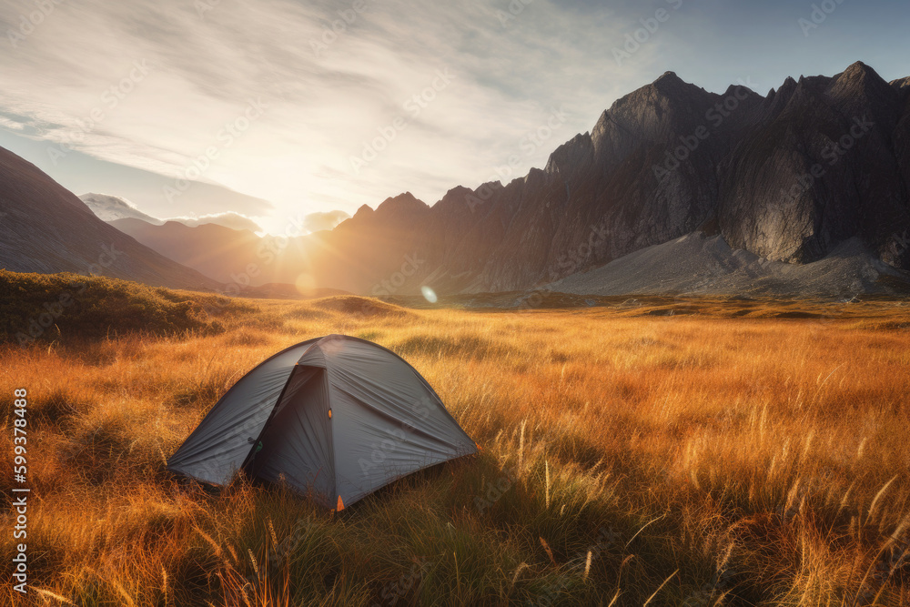 Camping tent with amazing view on mountain landscape at sunset. Hiking and nature travel concept. Outdoor activities in summer. Created with Generative AI Camping tent with amazing view on mountain landscape at sunset. Hiking and nature travel concept. Outdoor activities in summer. Created with Generative AI