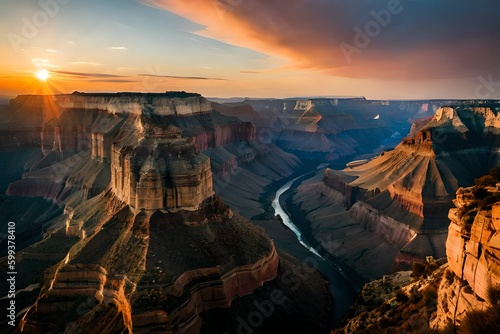 View over the south and north rim part in grand canyon. Created with Generative AI technology © Royalty-Free