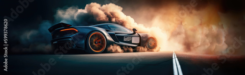 generic sports car performing burnout or drifting on racing track with smoke and heat as wide banner with copy space area - Generative AI