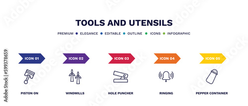 set of tools and utensils thin line icons. tools and utensils outline icons with infographic template. linear icons such as piston on, windmills, hole puncher, ringing, pepper container vector. photo