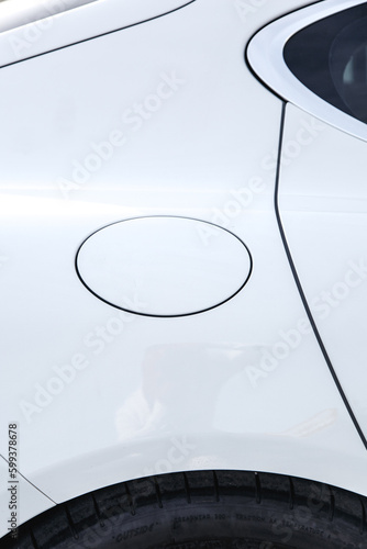 Lviv, Ukraine - May 19, 2018. Close View of the Gas Tank of a White New Porsche Panamera. Inspection of Car Doors. Close View