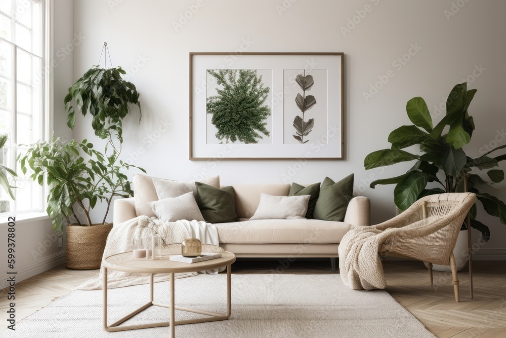 Bright Scandinavian Living Room with Blank Horizontal Poster Frame and Natural Accents Bright Scandinavian Living Room with Blank Horizontal Poster Frame and Natural Accents
