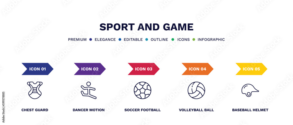 set of sport and game thin line icons. sport and game outline icons with infographic template. linear icons such as chest guard, dancer motion, soccer football ball, volleyball ball, baseball helmet