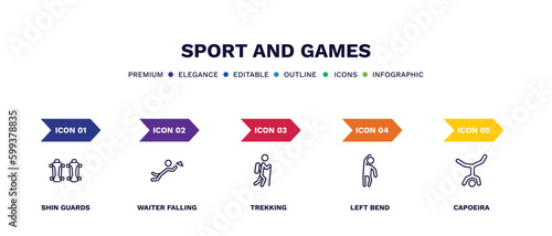 set of sport and games thin line icons. sport and games outline icons with infographic template. linear icons such as shin guards, waiter falling, trekking, left bend, capoeira vector.