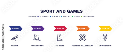 set of sport and games thin line icons. sport and games outline icons with infographic template. linear icons such as slalom, fisher fishing, ski boots, football ball circular, motor sports vector.