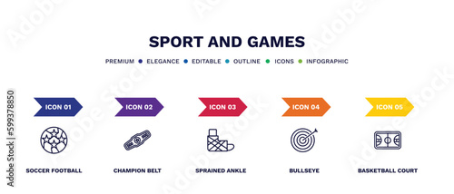 set of sport and games thin line icons. sport and games outline icons with infographic template. linear icons such as soccer football ball, champion belt, sprained ankle, bullseye, basketball court