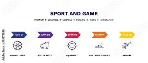 set of sport and game thin line icons. sport and game outline icons with infographic template. linear icons such as football ball, roller skate, equipment, man doing pushups, capoeira vector.