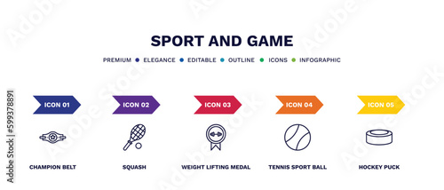set of sport and game thin line icons. sport and game outline icons with infographic template. linear icons such as champion belt, squash, weight lifting medal, tennis sport ball, hockey puck