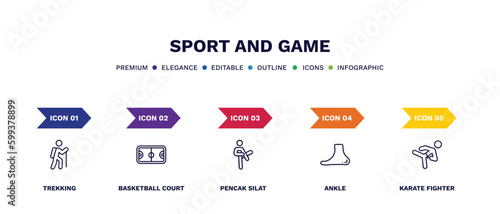 set of sport and game thin line icons. sport and game outline icons with infographic template. linear icons such as trekking, basketball court, pencak silat, ankle, karate fighter vector.