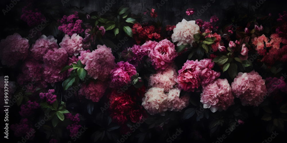 Dark moody floral peony flowers wall background Dark moody floral peony flowers wall background