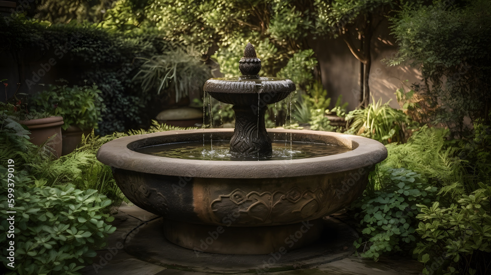 A serene water fountain surrounded by neatly trimmed bushes and plants in a peaceful garden setting A serene water fountain surrounded by neatly trimmed bushes and plants in a peaceful garden setting