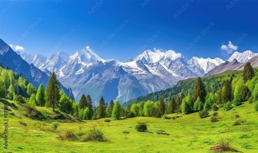 Fototapeta premium a mountain range with trees and grass in the foreground. generative ai