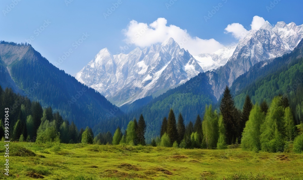a grassy field with a mountain range in the background and trees in the foreground. generative ai a grassy field with a mountain range in the background and trees in the foreground. generative ai