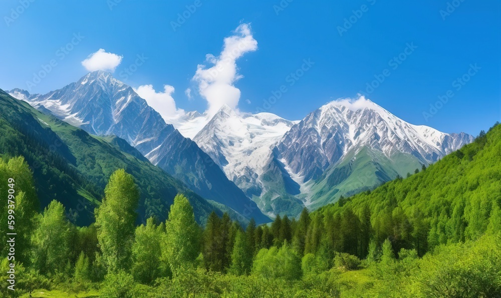  a mountain range covered in green trees and snow covered mountains.  generative ai