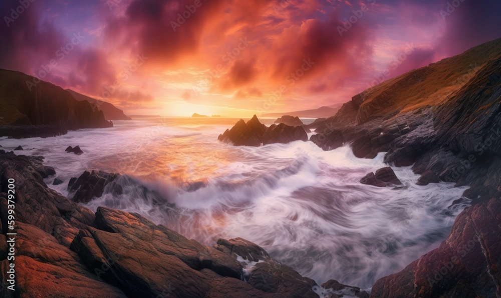  a painting of a sunset over the ocean with rocks and waves.  generative ai