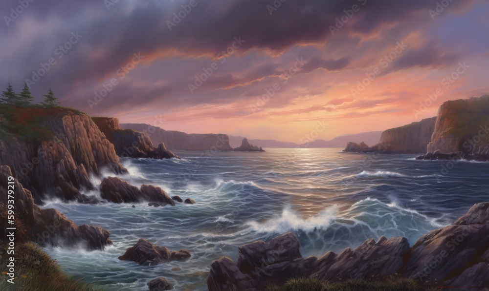  a painting of a sunset over the ocean with waves crashing on the rocks.  generative ai