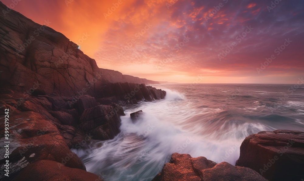 Obraz premium a sunset over the ocean with waves crashing against the rocks. generative ai