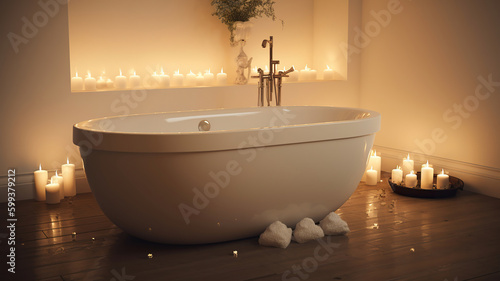 a white bathtub in a living room with candle. Generative Ai