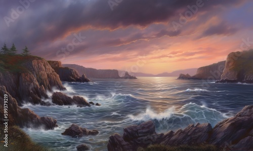  a painting of a sunset over the ocean with waves crashing on the rocks. generative ai