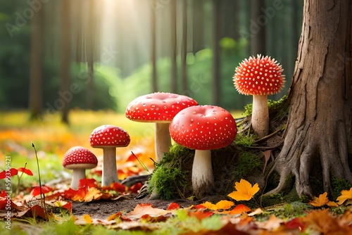 Group of Amanita Muscaria mushrooms in a forest.Ai generated.