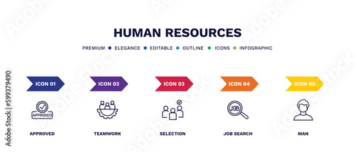 set of human resources thin line icons. human resources outline icons with infographic template. linear icons such as approved, teamwork, selection, job search, man vector.