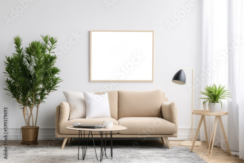 Modern Scandinavian Living Room with Blank Horizontal Poster Frame and Natural Elements