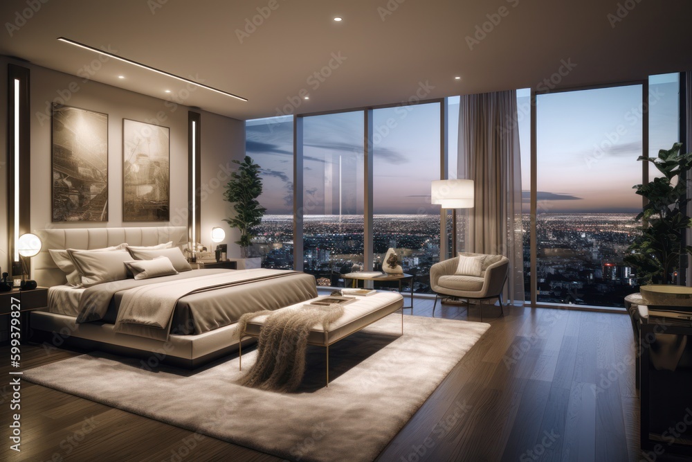 Luxury Penthouse Bedroom with Stunning Skyline View at Night Luxury Penthouse Bedroom with Stunning Skyline View at Night