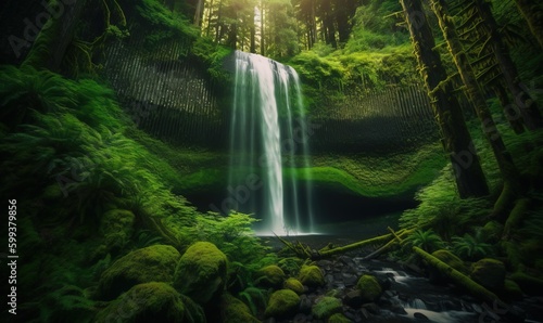  a waterfall in the middle of a forest with moss growing on the ground. generative ai