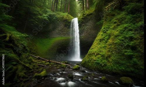 a waterfall in the middle of a forest with moss growing on the rocks. generative ai