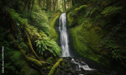  a waterfall in a lush green forest with moss growing on the rocks.  generative ai