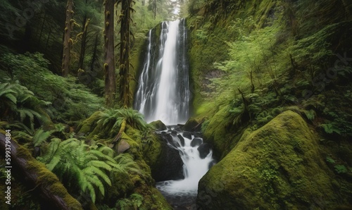  a waterfall in the middle of a forest with moss growing on the rocks.  generative ai
