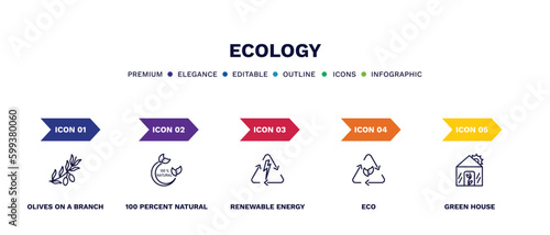 set of ecology thin line icons. ecology outline icons with infographic template. linear icons such as olives on a branch, 100 percent natural, renewable energy, eco, green house vector.