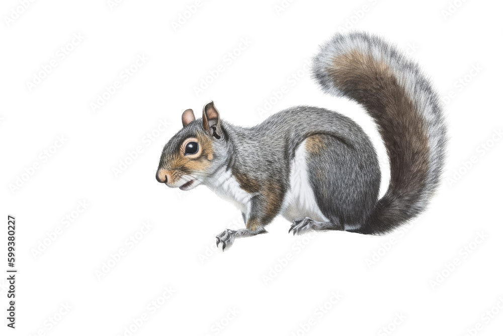 Fototapeta premium an isolated Grey Squirrel, running, jumping, and sitting. Preservation, backyard wildlife, Wildlife-themed, photorealistic illustration on a transparent background cutout in PNG. generative ai