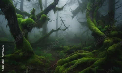  a forest filled with lots of green moss covered trees and bushes. generative ai