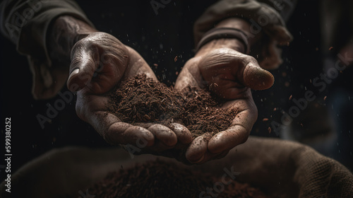 Close-up of human hands holding soil created with Generative AI technology