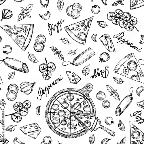 Hand illustrated seamless pattern with pepperoni pizza slices, round on a tray, tomatoes, salami, basil and garlic.Handwritten word 