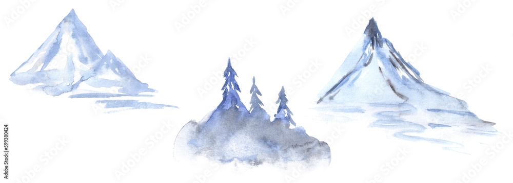 Obraz premium Set collection of loose watercolor moutains in blue grey colors.Scape with hills and mountains isolated on white background.Aquarelle element,environment concept.