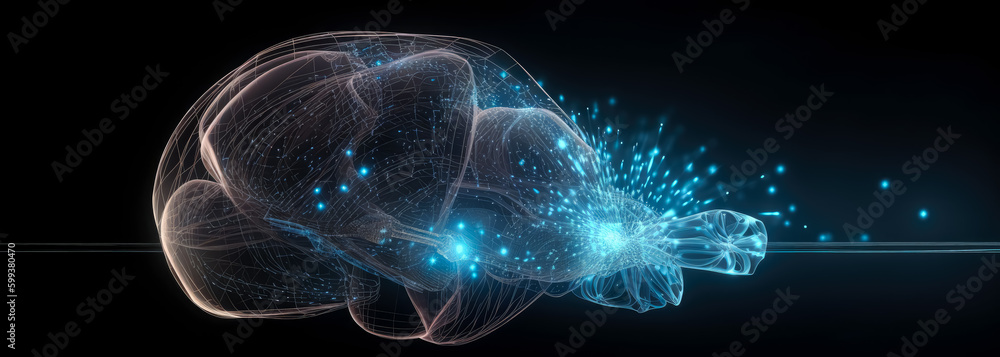 The brain is connected with different lines on a dark background, in the style of futuristic spacecraft design.  Human psyche, digital reality with brains, luminous spheres. Generative Ai. 
