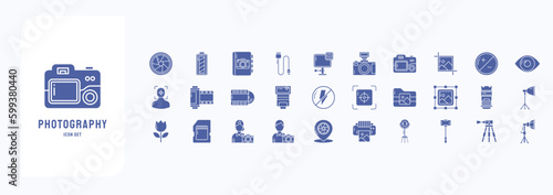 A collection sheet of solid icons for Photography, including icons like Camera, Film, Photographer, Cropping and more