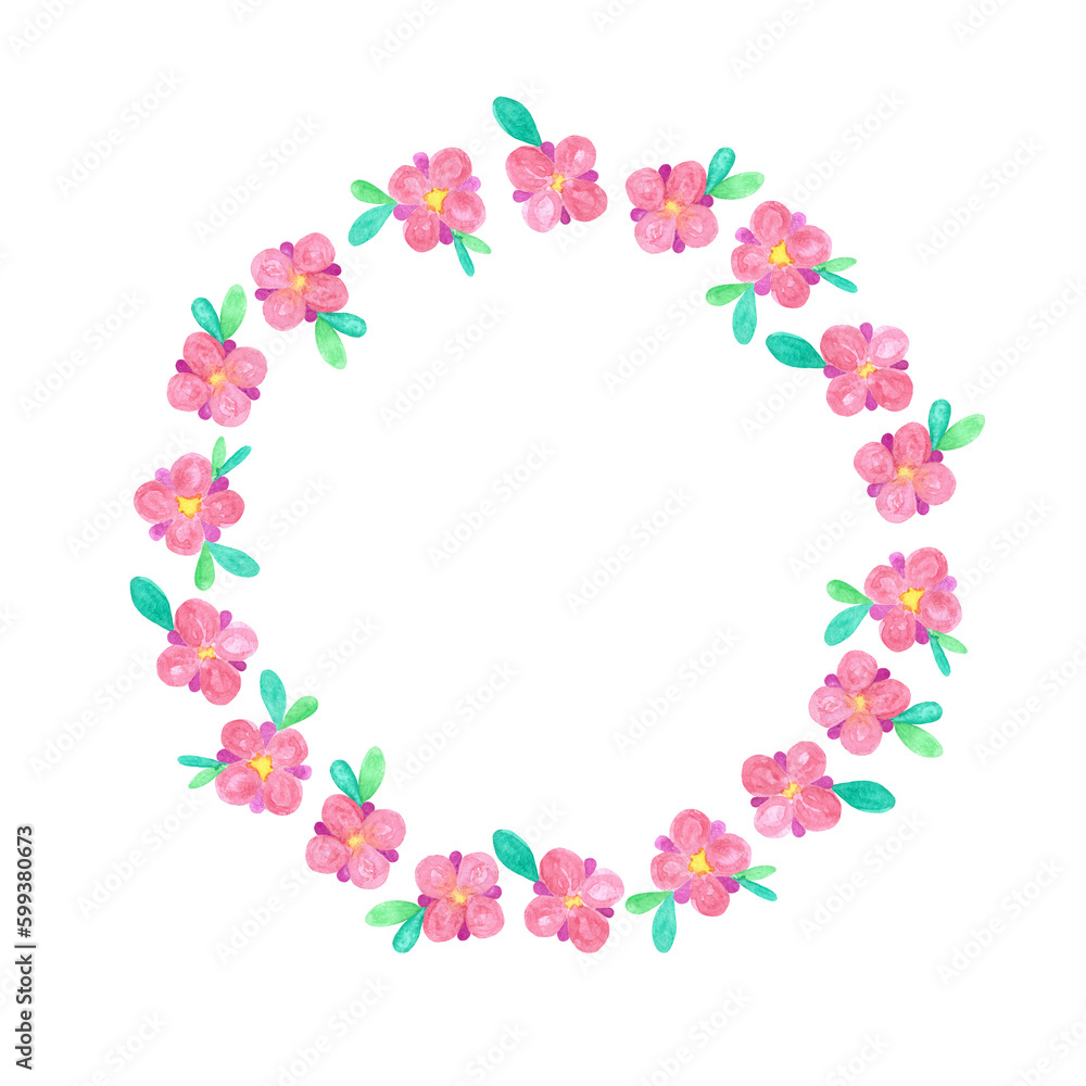 Watercolor hand drawn botanical natural frame with wild meadow tiny pink flowers with copy space in the middle. Isolated on white aquarelle design foliage element Watercolor hand drawn botanical natural frame with wild meadow tiny pink flowers with copy space in the middle. Isolated on white aquarelle design foliage element