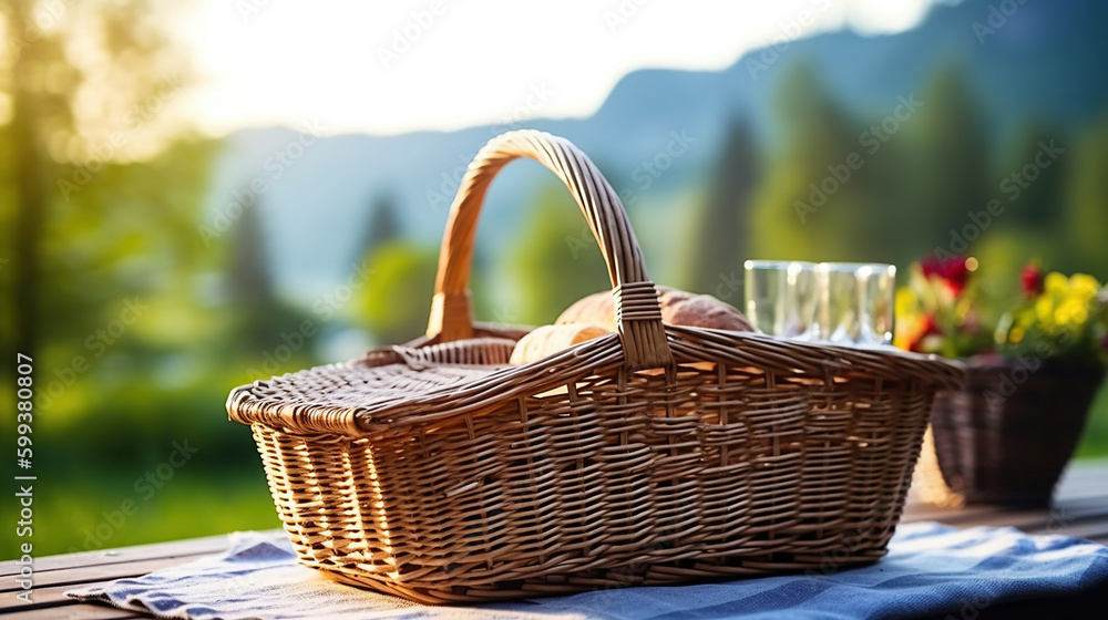 Picnic basket on a table against the background of nature. Rest and summer mood. Generative Ai Picnic basket on a table against the background of nature. Rest and summer mood. Generative Ai