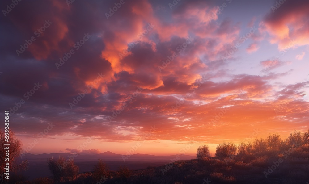 a beautiful sunset with clouds and trees in the foreground.  generative ai