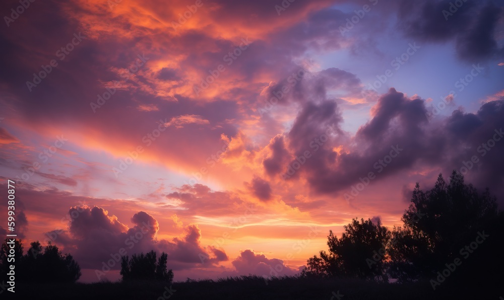 Fototapeta premium a sunset with clouds and trees in the foreground and a blue sky in the background. generative ai