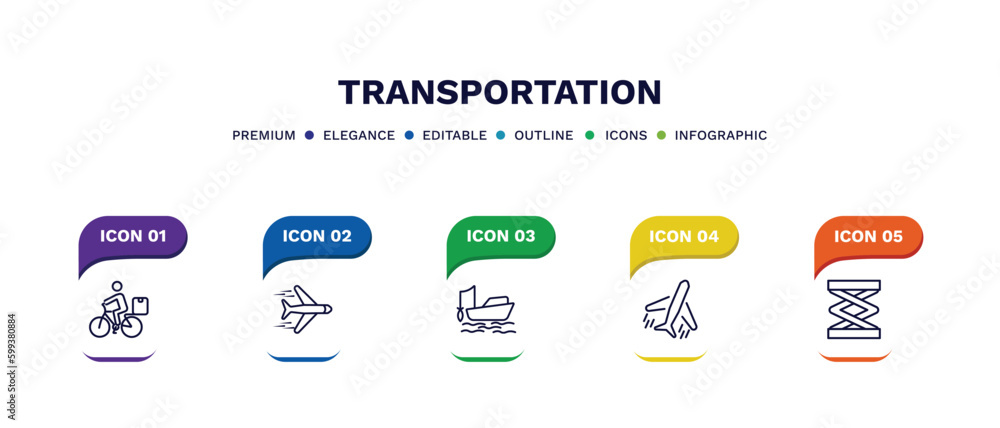 set of transportation thin line icons. transportation outline icons with infographic template. linear icons such as delivery bike, airplane flying, fishing boat, flights, lifter vector. set of transportation thin line icons. transportation outline icons with infographic template. linear icons such as delivery bike, airplane flying, fishing boat, flights, lifter vector.