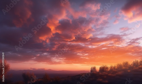  a beautiful sunset with clouds and trees in the foreground.  generative ai © Anna