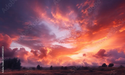  a field with trees and clouds in the sky at sunset. generative ai