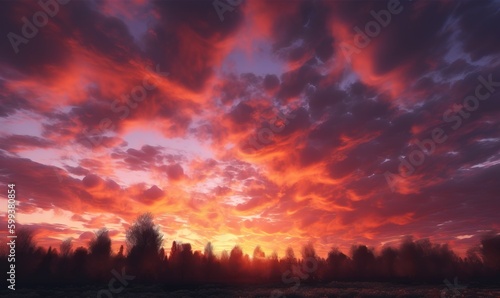  a beautiful sunset with clouds and trees in the background and the sun setting. generative ai