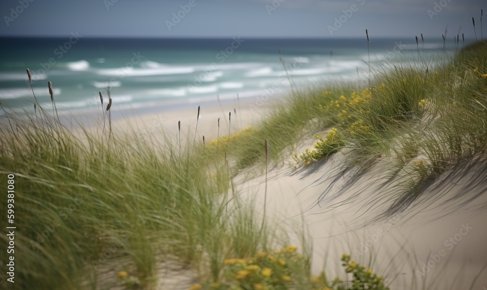  a sandy beach with grass growing out of the sand and the ocean in the background.  generative ai